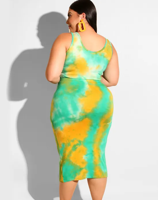 Plus Size Tie Dye Tank Top & Skirt Set - Sleeveless & Front Tie Midi Skirt in Polyester  Castello Clothing Line   