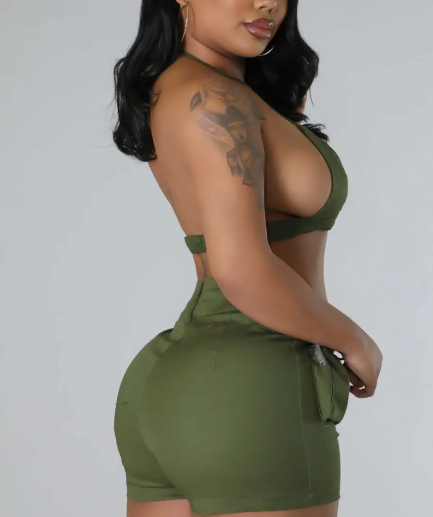 Vibe Halter Bralette Top & High-Waist Utility Shorts Set  Castello Clothing Line   