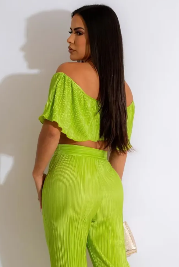 Off Shoulder Ruffled Crop Top & High Waisted Wide Leg Pants Set  Castello Clothing Line   