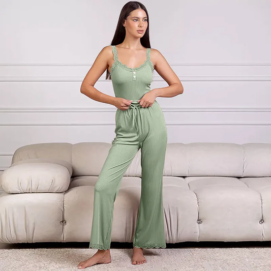 Luxe Harmony Ribbed Lace Trim Matching Lounge Set  Castello Clothing Line   