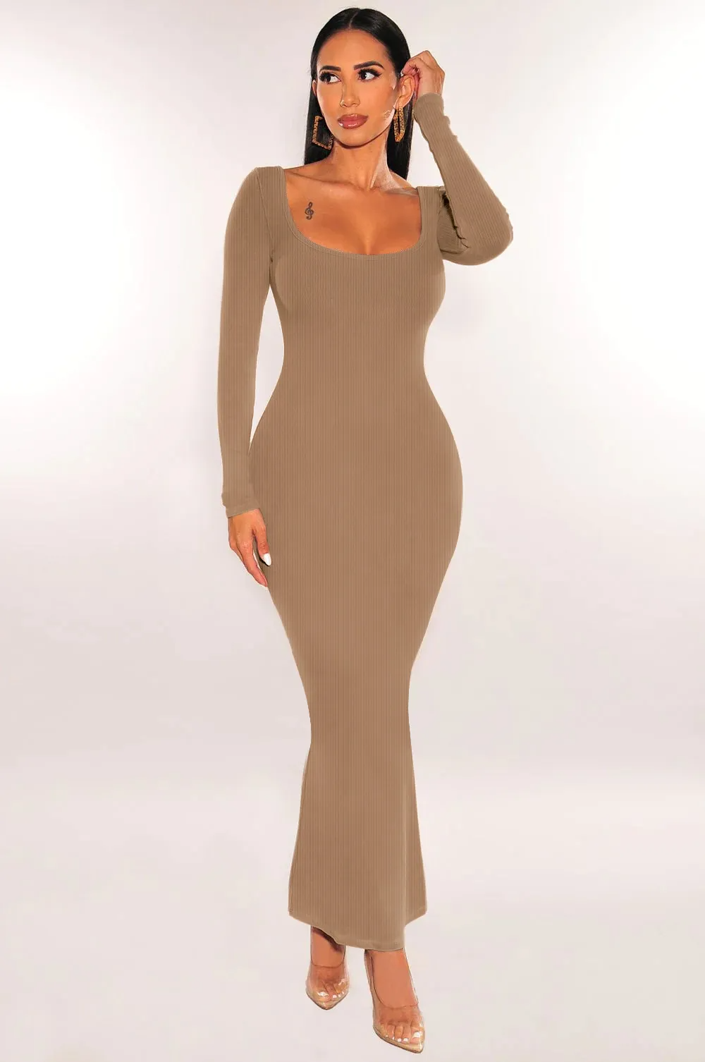 Nerina Ribbed Scoop Back Long Sleeve Bodycon Maxi Dress maxi dress Castello Clothing Line