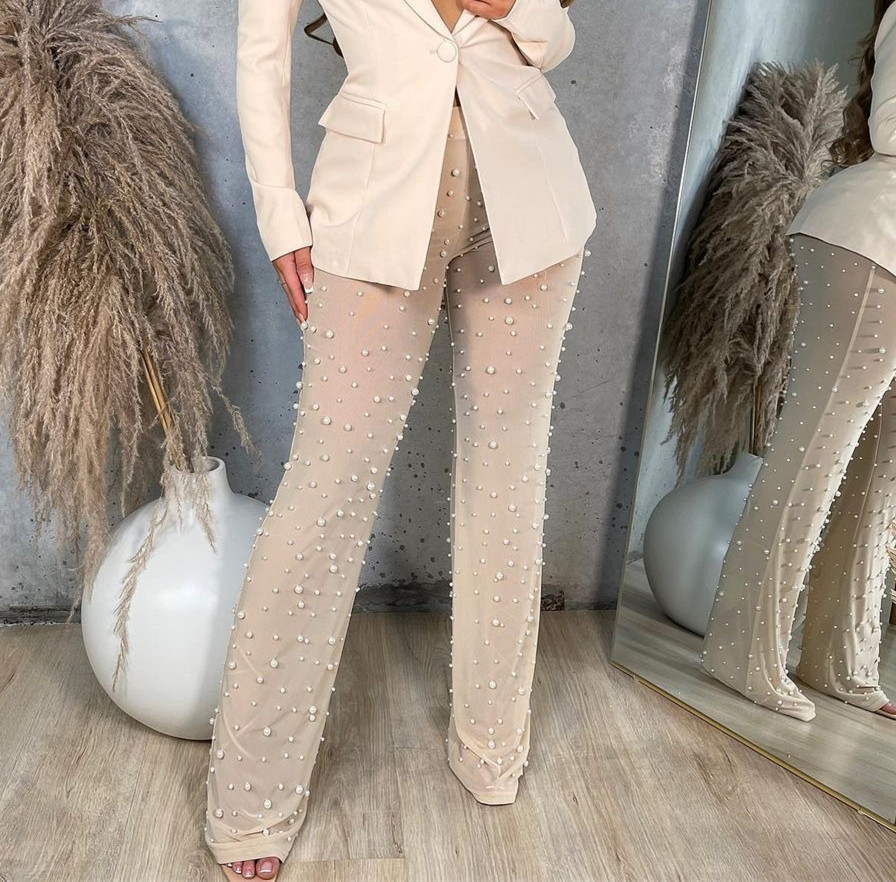 Ruckus High-Waist Sheer Pearl-Embellished Flare Pants Castello Clothing Line