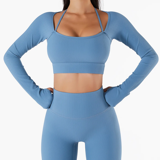 Ami Ribbed Long Sleeve Strappy Thumbhole Cropped Top workout tops and t-shirts Castello Clothing Line