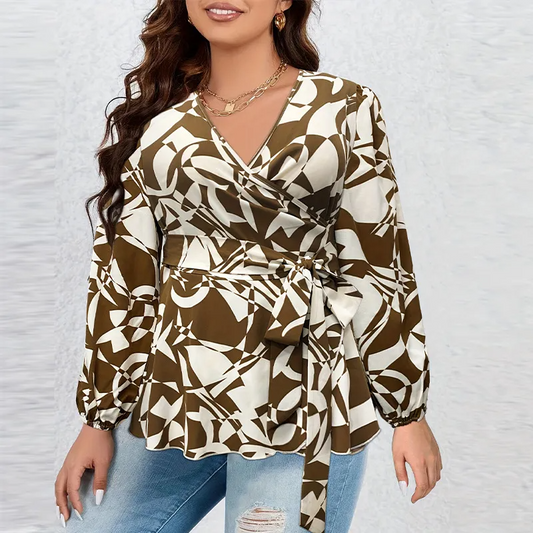 Euphoria Printed Wrap Peplum Long Sleeve Blouse Castello Clothing Line