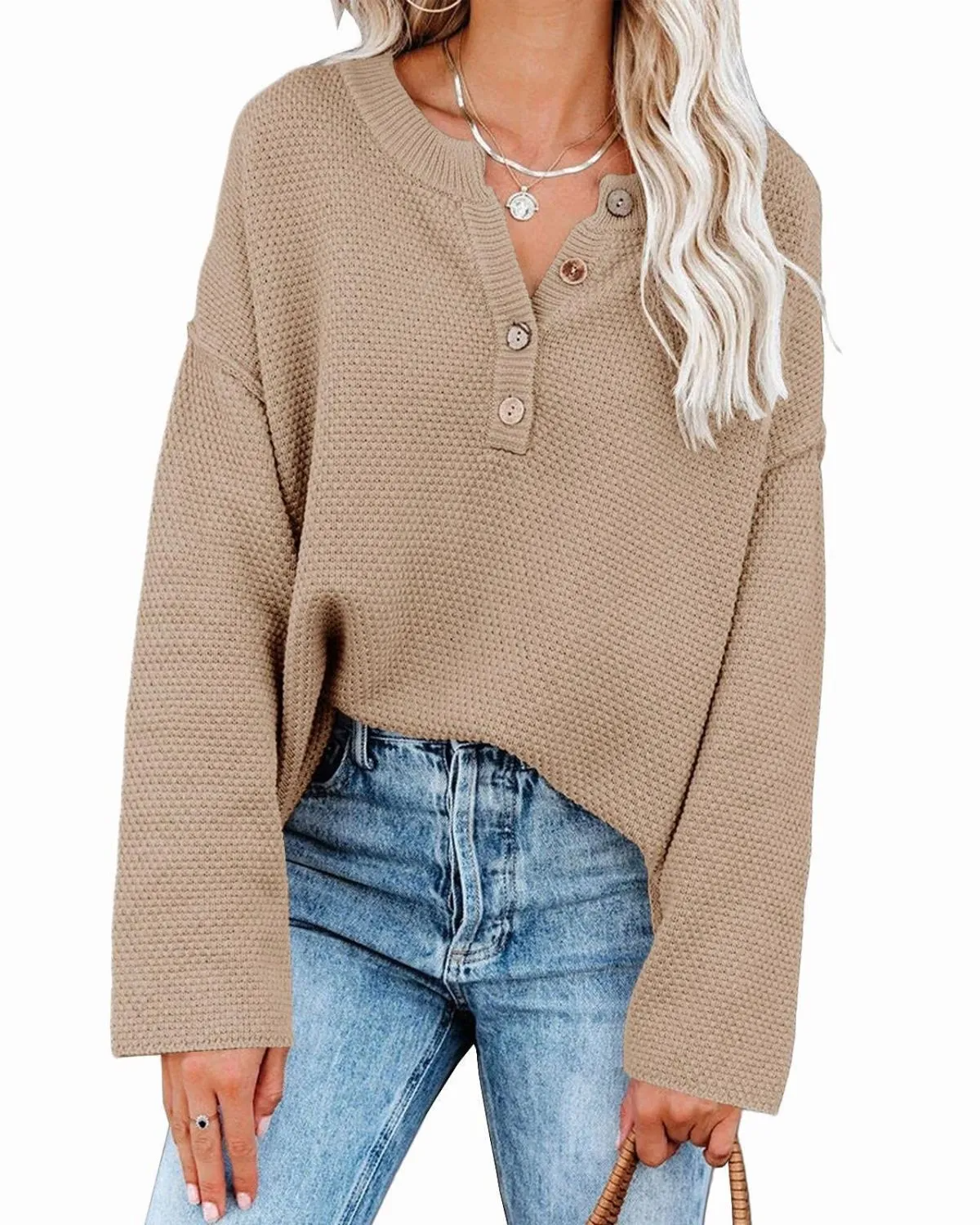Terrain Waffle Knit Henley Long Sleeve Pullover Top Castello Clothing Line