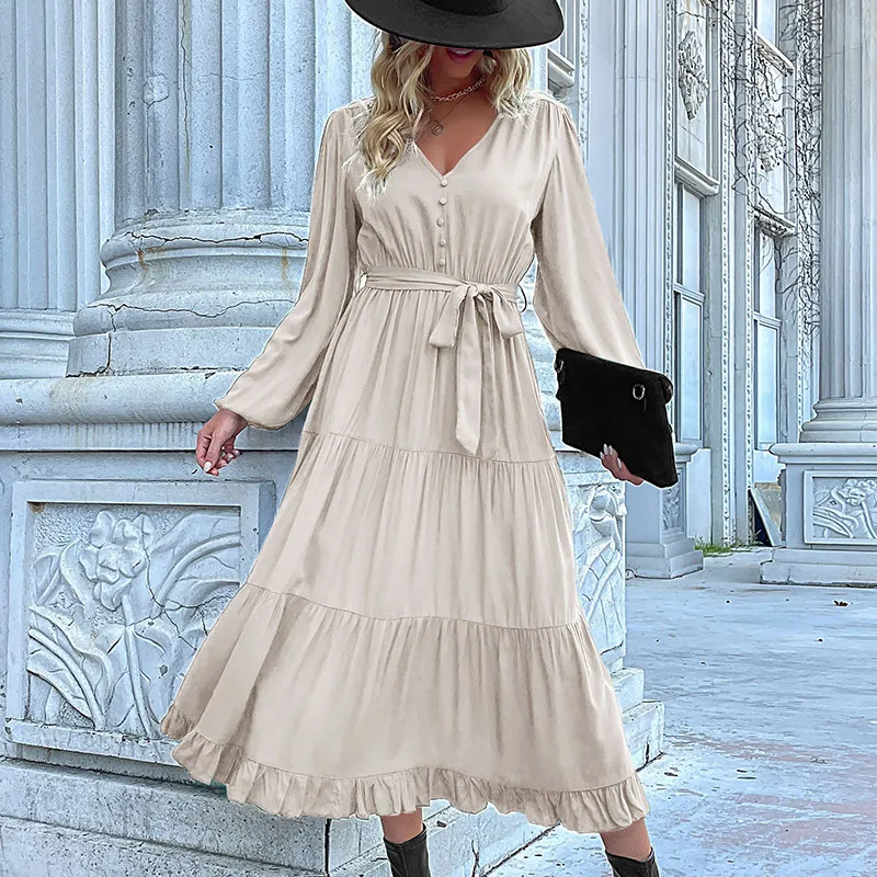 Eliza Button-Down Belted Long Sleeve Tiered Midi Dress midi dress Castello Clothing Line