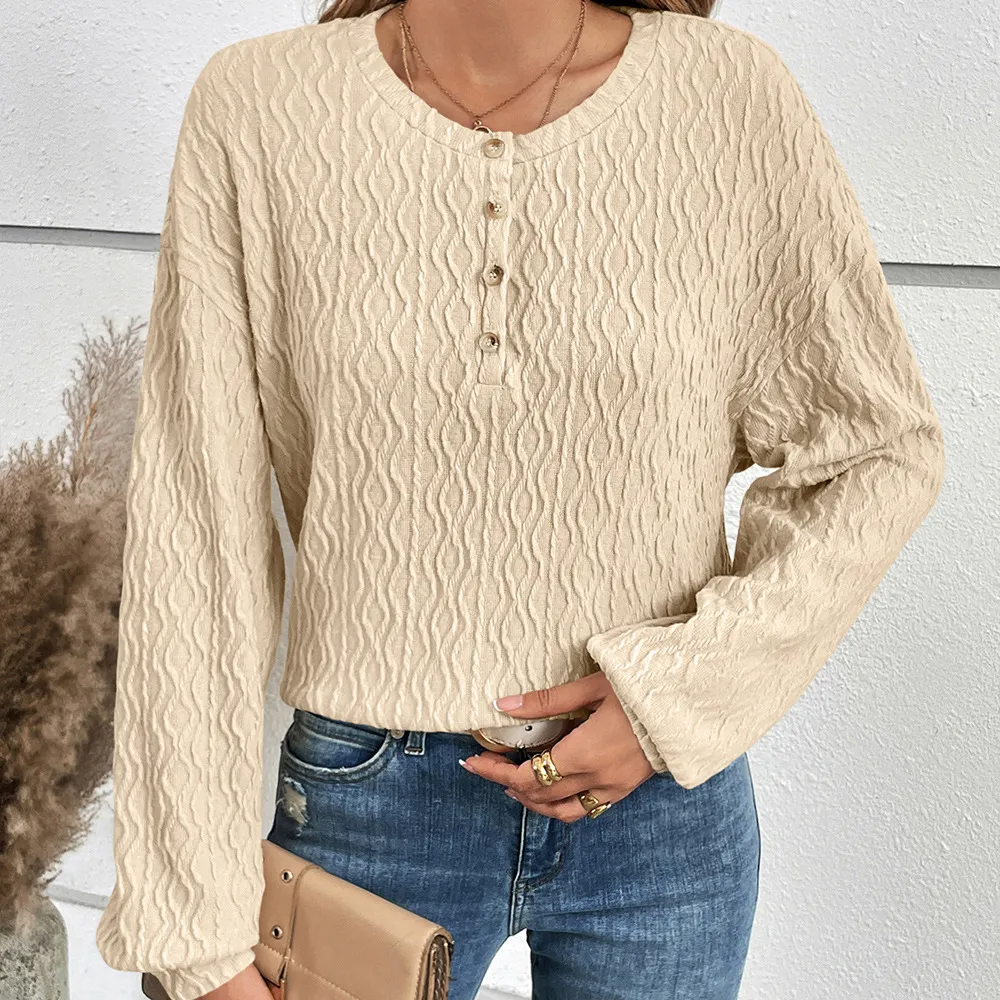 Signature Wave Textured Long Sleeve Henley Top Castello Clothing Line