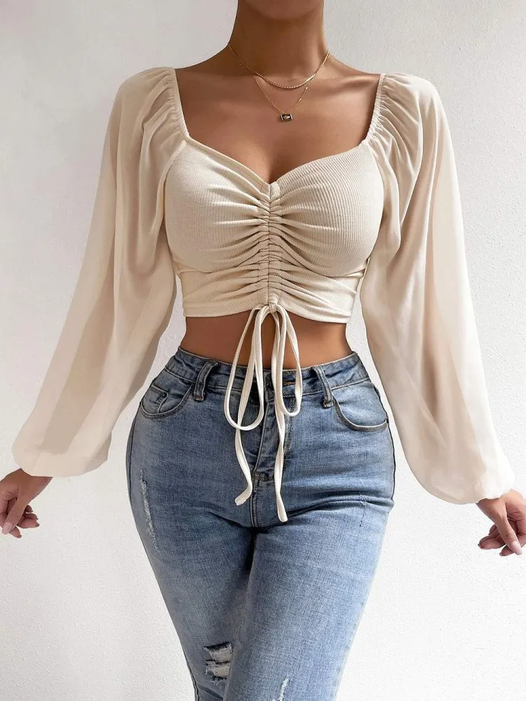 Finesse Ruched Drawstring V-Neck Long Sleeve Crop Top Castello Clothing Line