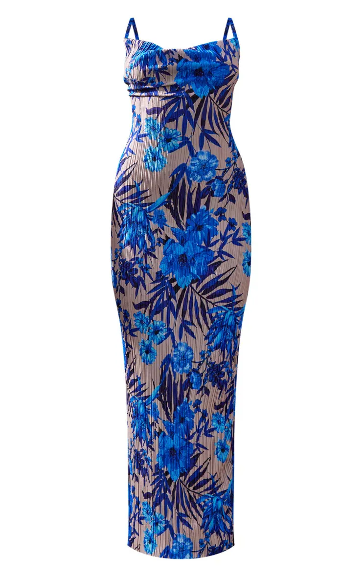 Nimue Sleeveless Floral Print Pleated Bodycon Maxi Dress maxi dress Castello Clothing Line