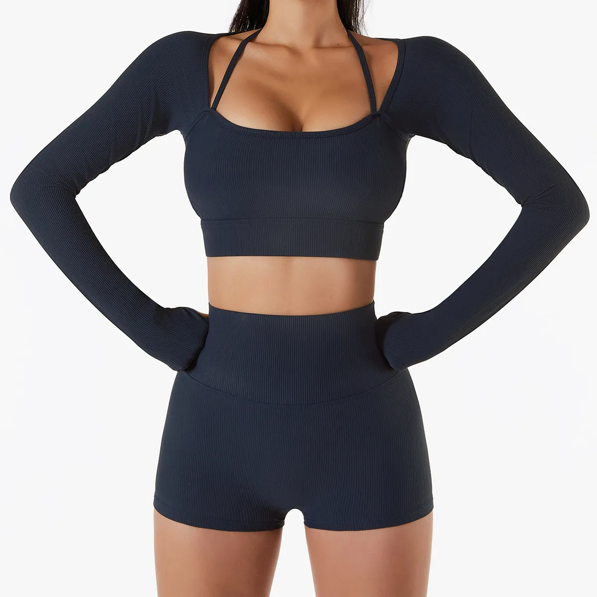 Ami Ribbed Long Sleeve Strappy Thumbhole Cropped Top workout tops and t-shirts Castello Clothing Line