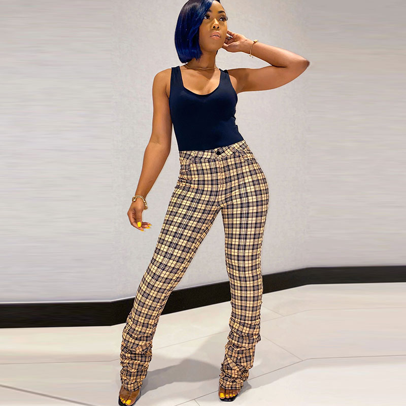 Vienna High-Waist Ruched Plaid Flare Pants Castello Clothing Line