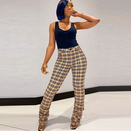 Vienna High-Waist Ruched Plaid Flare Pants Castello Clothing Line