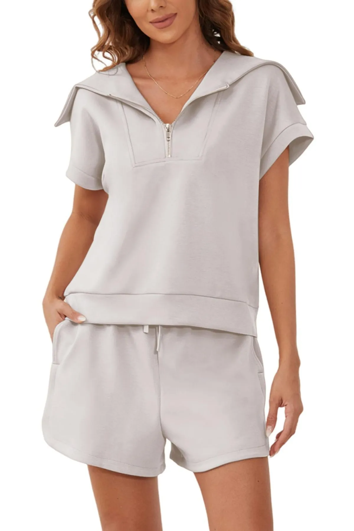 Spree Zip-Up Collared Top & Drawstring Shorts Set  Castello Clothing Line   
