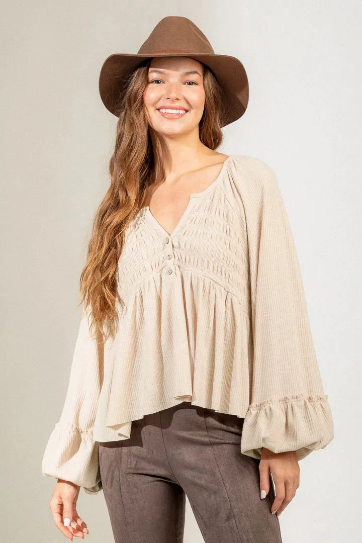 Boho Breeze Peasant Balloon Sleeve Blouse  Castello Clothing Line   