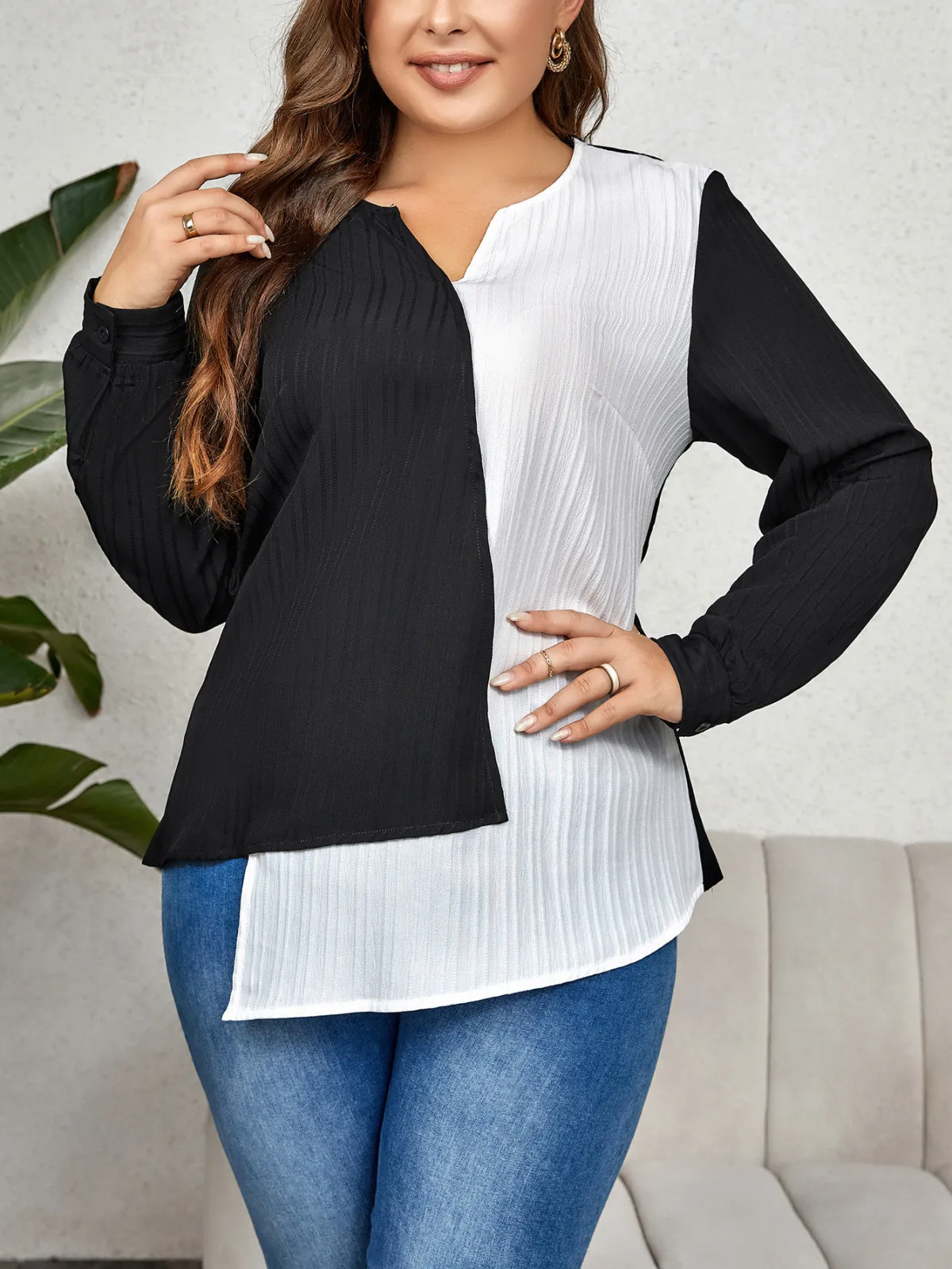 Bold Divide Asymmetrical Long Sleeve Plus Size Blouse Castello Clothing Line