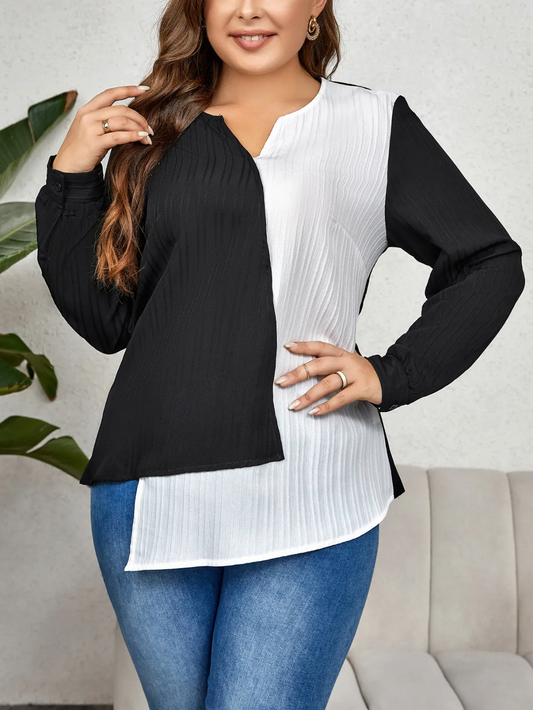 Bold Divide Asymmetrical Long Sleeve Plus Size Blouse Castello Clothing Line