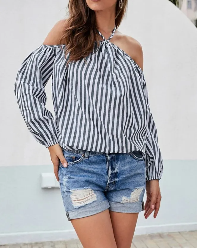 Barely Basic Striped Halter Off-Shoulder Balloon Sleeve Top Castello Clothing Line