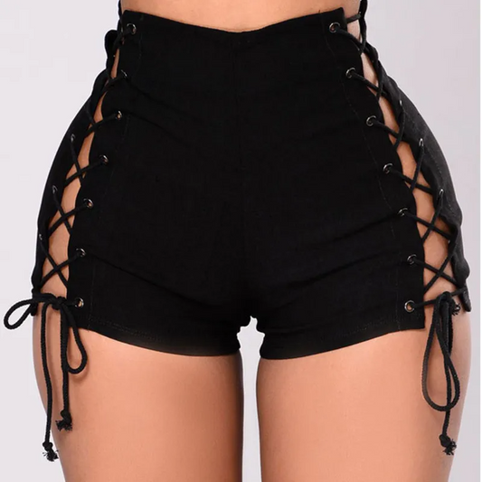 Venom High-Waist Lace-Up Side Denim Shorts  Castello Clothing Line   