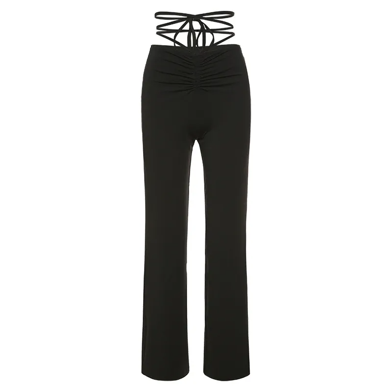 Leona Ruched High-Waisted Strappy Flare Pants Castello Clothing Line