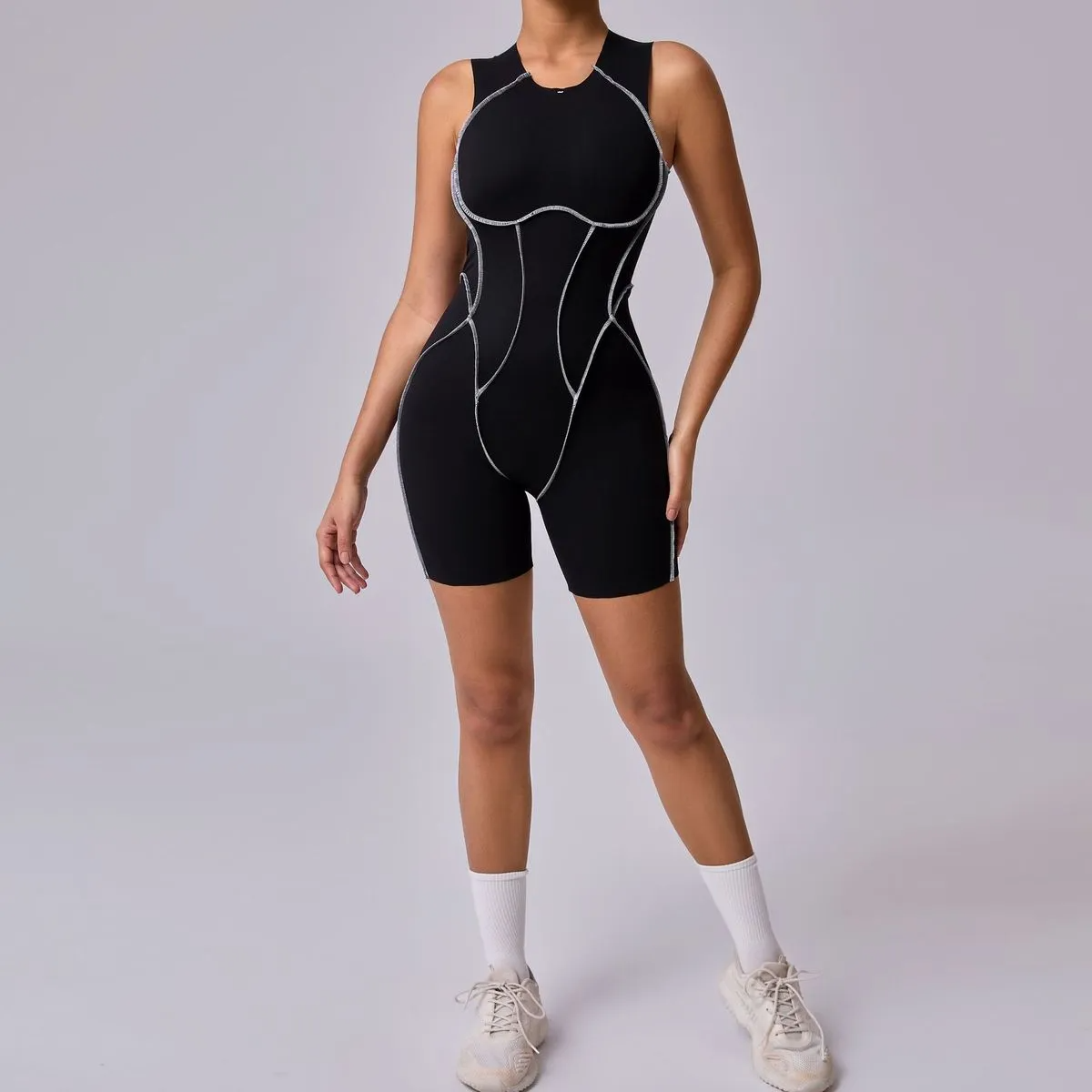 Evie Seamless Open-Back Contour Workout Romper athletic rompers Castello Clothing Line