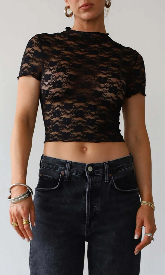 VogueEase Lace Mock Neck Sheer Cropped Top  Castello Clothing Line   