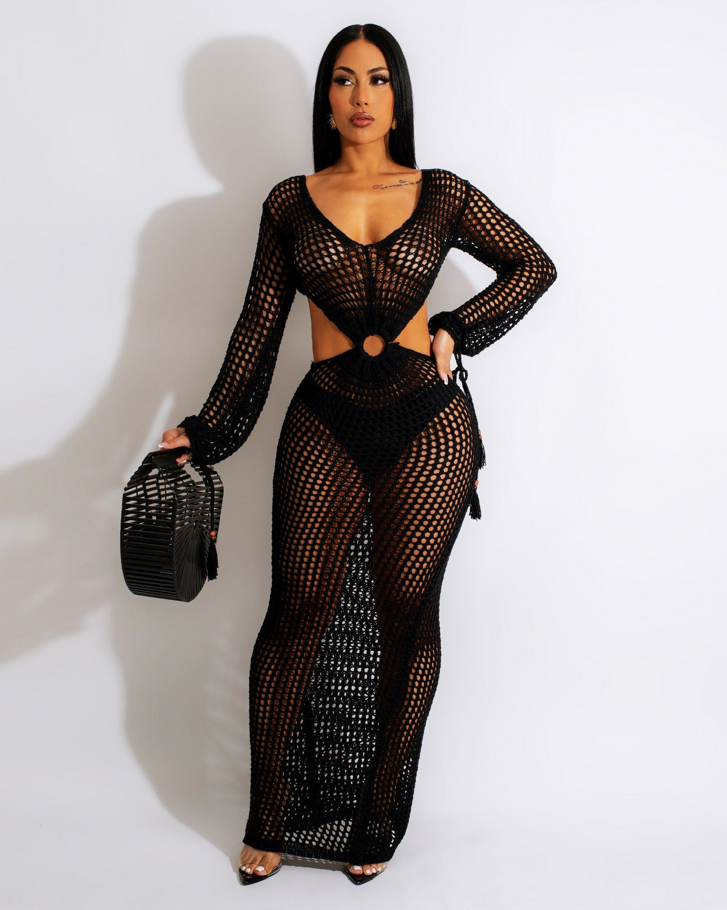 Zarelle Crochet Cut-Out Tassel Sleeve Maxi Dress maxi dress Castello Clothing Line
