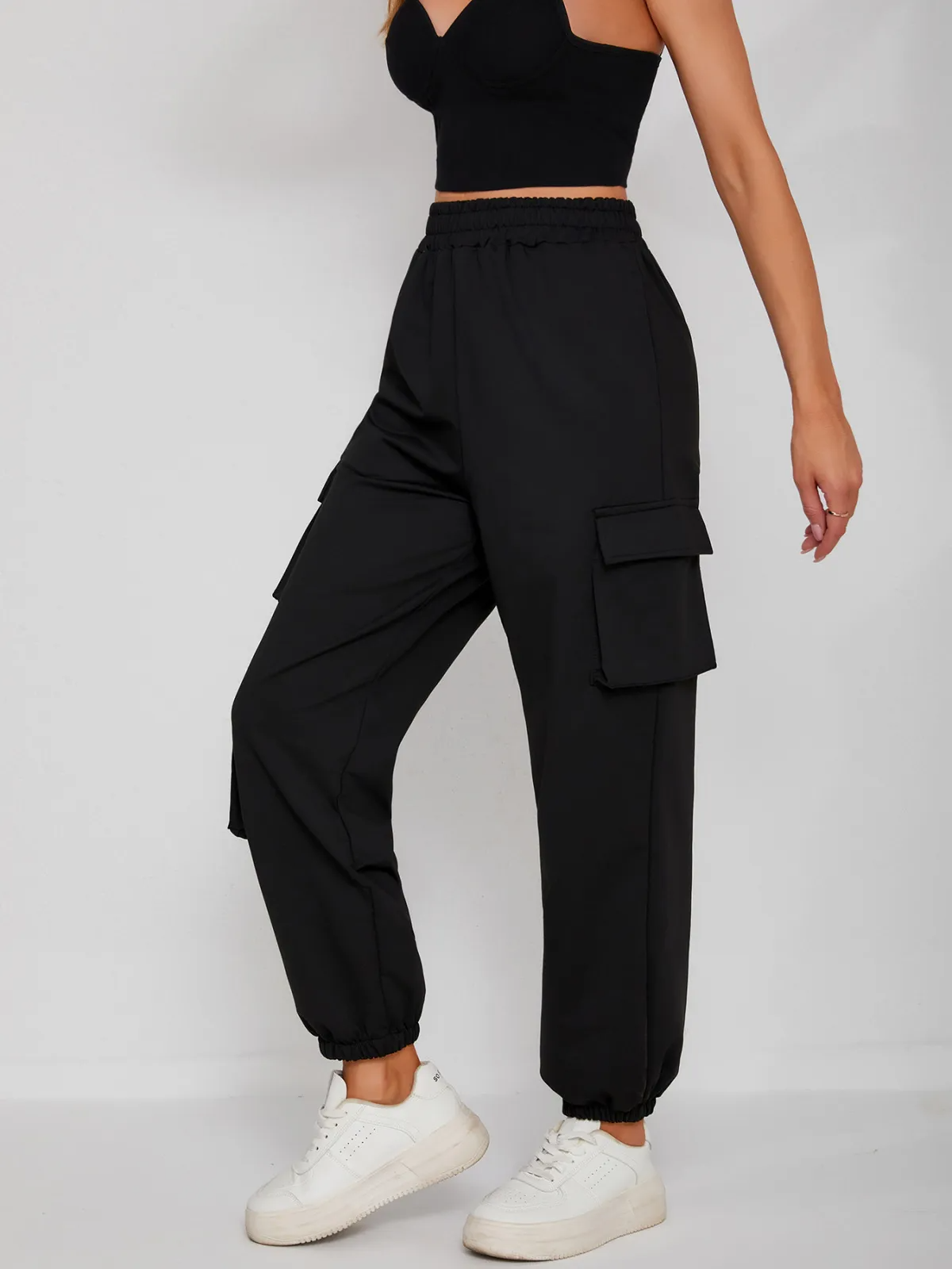 Grid High-Rise Elastic Waist Cargo Pocket Jogger Pants joggers Castello Clothing Line