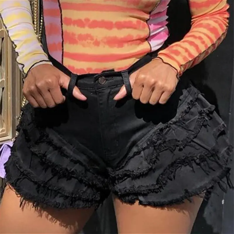Rave High-Waist Layered Fringe Denim Shorts  Castello Clothing Line   