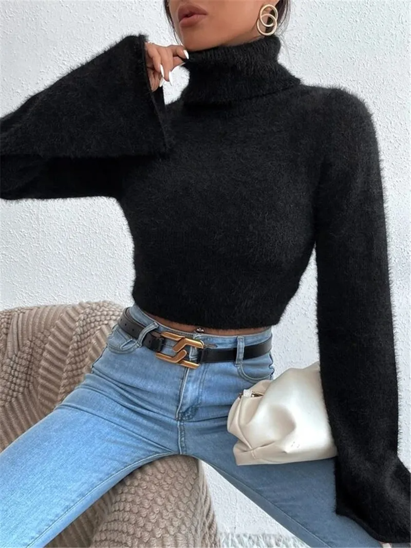 Show Off Fluffy Turtleneck Bell Sleeve Cropped Sweater Castello Clothing Line