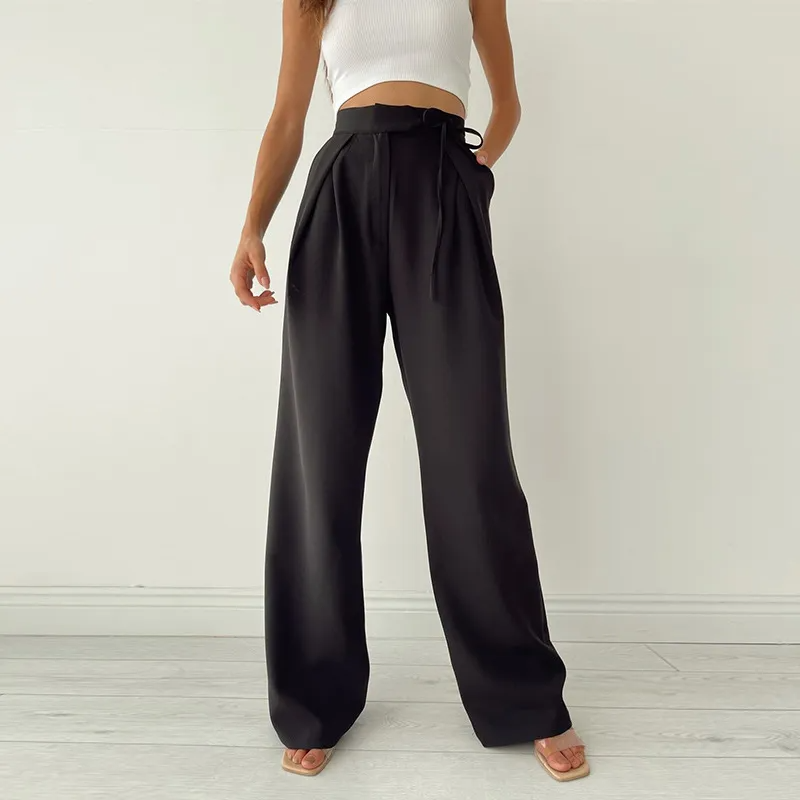 Raven Wrap Tie Tailored Wide-Leg Pleated Pants Castello Clothing Line