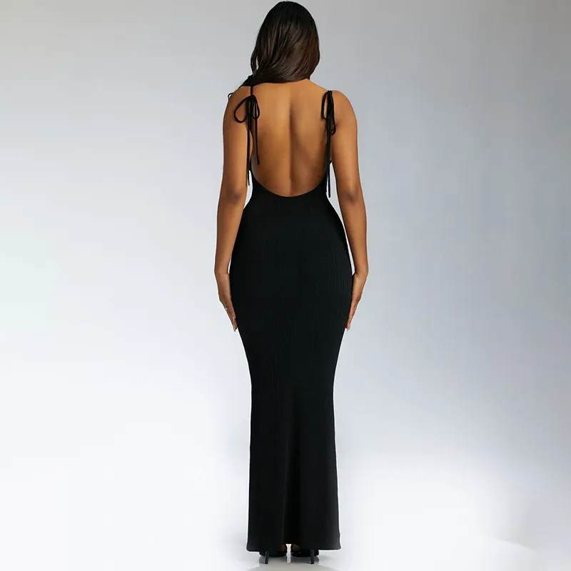 Elena Tie Strap Open Back Ribbed Bodycon Maxi Dress maxi dress Castello Clothing Line