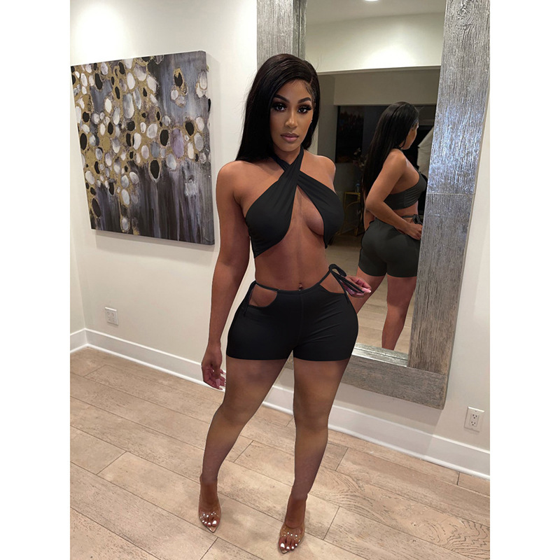 Vixen Crisscross Halter Cutout Tie Waist Shorts Set  Castello Clothing Line   