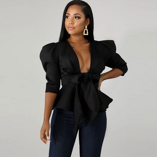 Bow Down Puff Sleeve Deep V-Neck Peplum Blouse Castello Clothing Line
