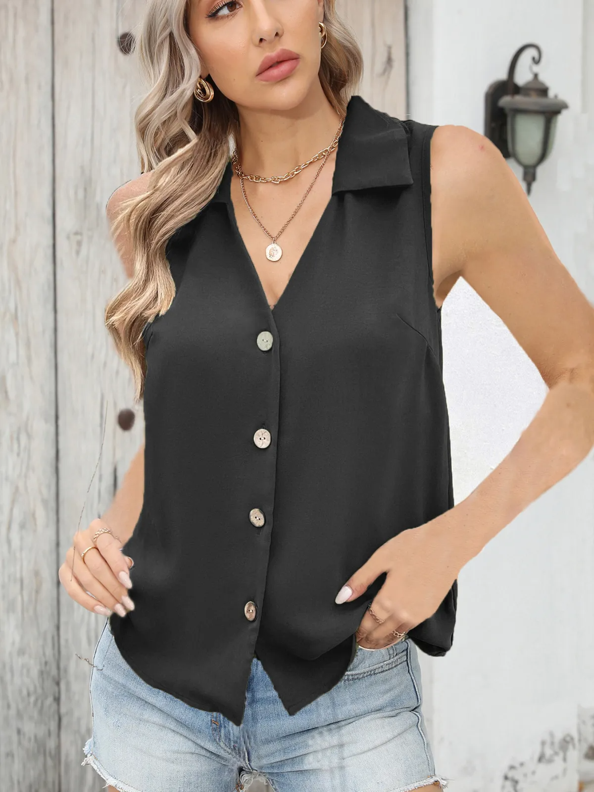 Easy Appeal Sleeveless Button-Up Collared Top Castello Clothing Line