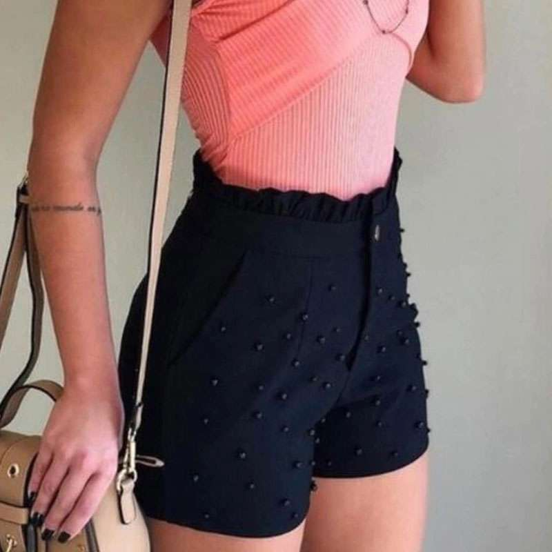 Charmette High-Waisted Ruffle Trim Pearl Embellished Shorts  Castello Clothing Line   