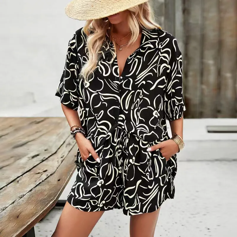 Sprout Leafy Button-Up Shirt & Pocketed Shorts Set  Castello Clothing Line   