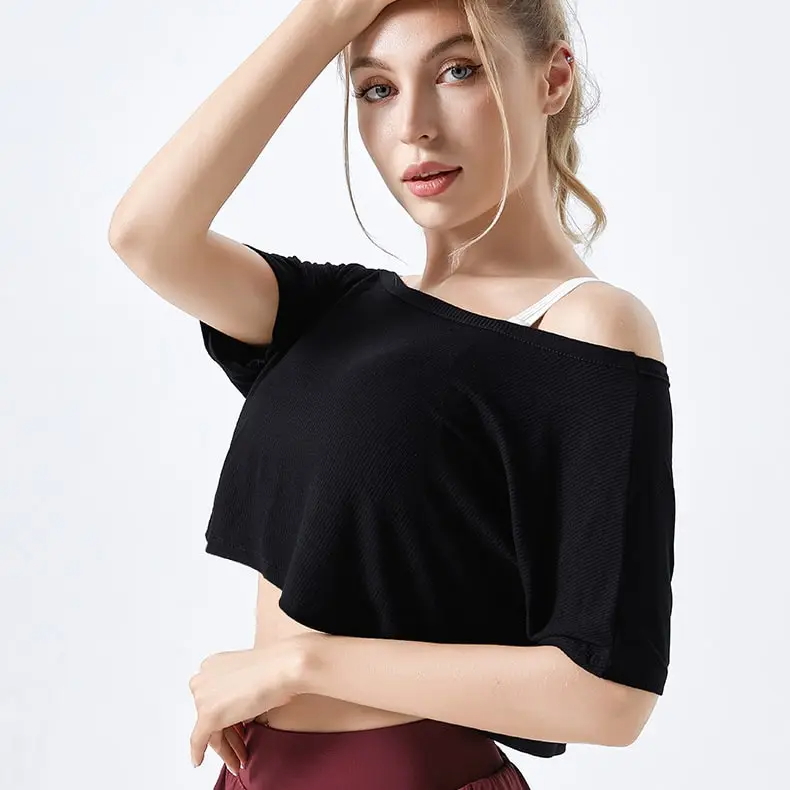 Gail Ribbed Asymmetrical Off Shoulder Short Sleeve Crop Top workout tops and t-shirts Castello Clothing Line