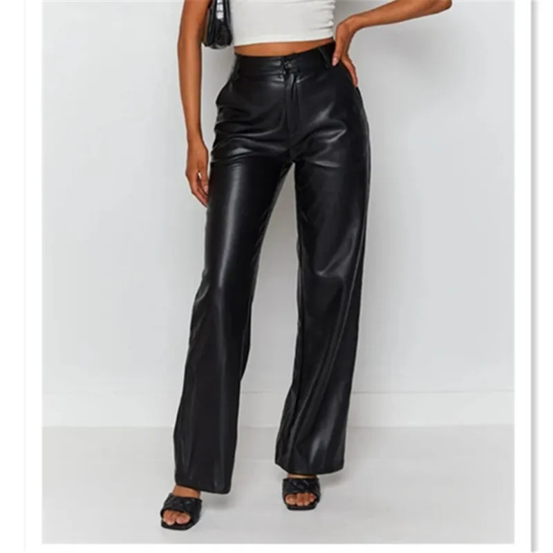 Kova High-Waisted Faux Leather Wide Leg Pants Castello Clothing Line