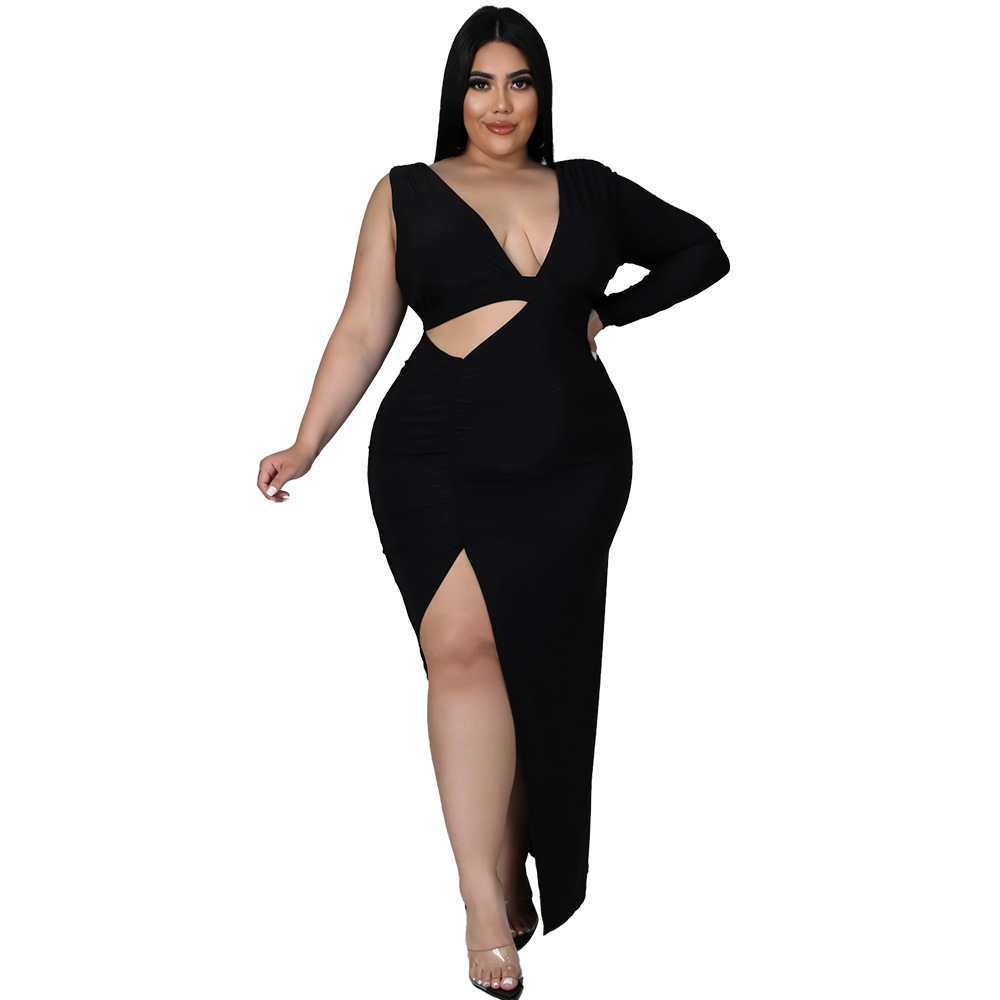 Amina Plus Size One-Shoulder Cutout Bodycon Maxi Dress maxi dress Castello Clothing Line