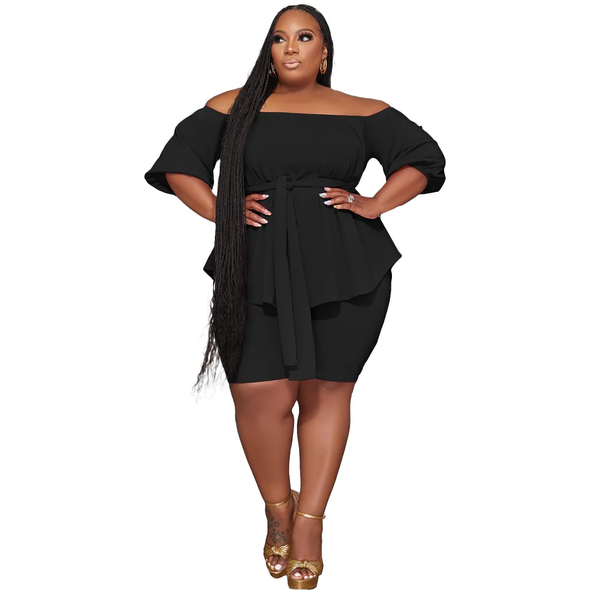 Blaze Plus Size Off-Shoulder Belted Top and Shorts Set  Castello Clothing Line   