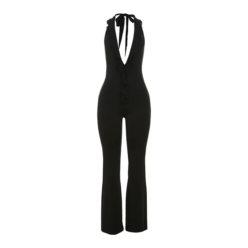 Vada Sleeveless Halter Ruffle Open-Back Flare Jumpsuit women jumpsuits Castello Clothing Line