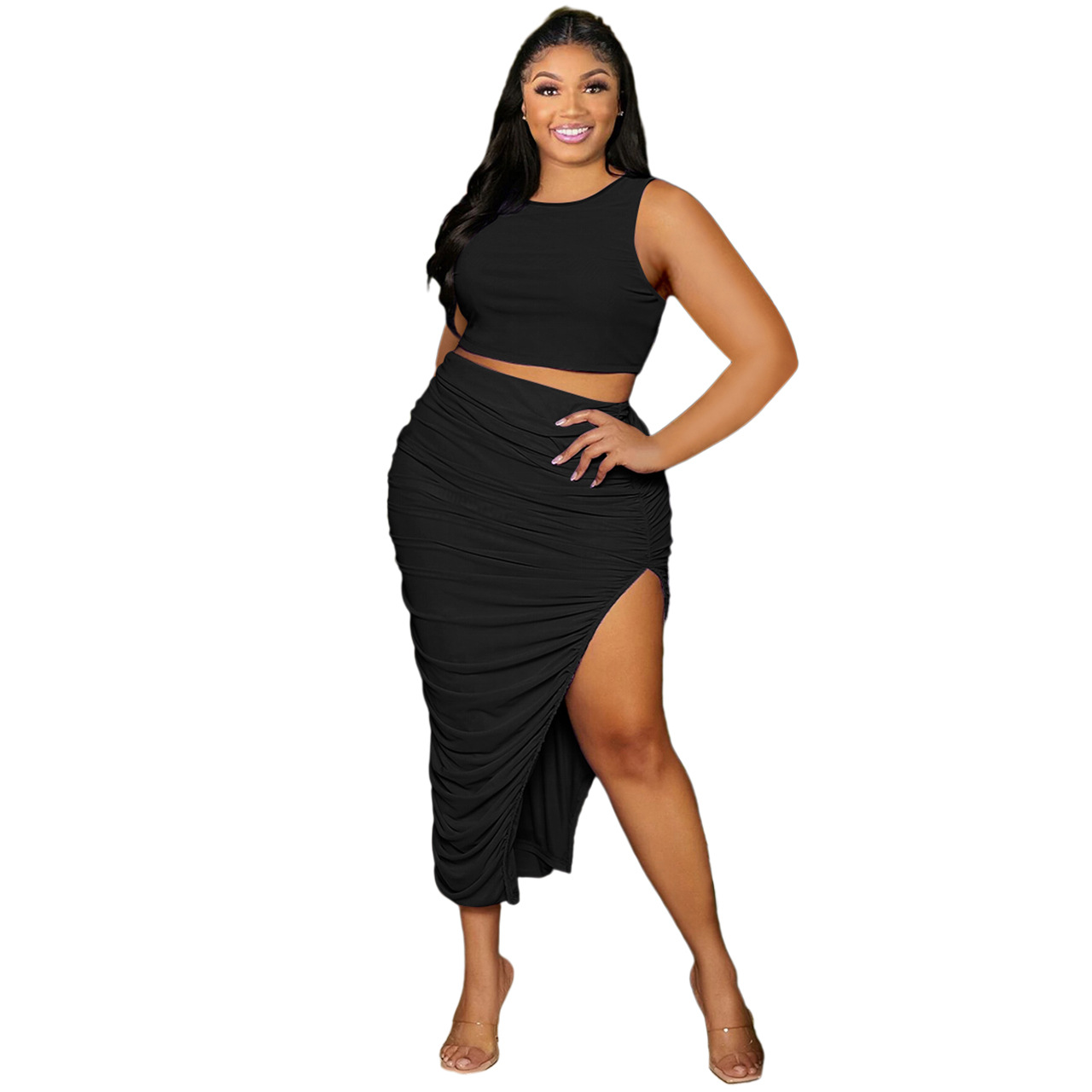 Plus Size High Slit Skirt Set with Ruched Detailing  Castello Clothing Line   