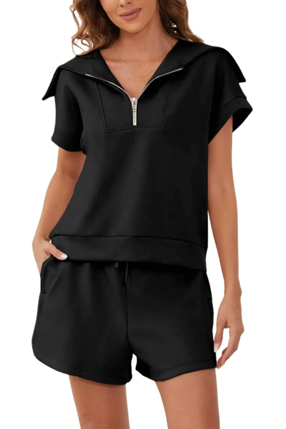 Spree Zip-Up Collared Top & Drawstring Shorts Set  Castello Clothing Line   