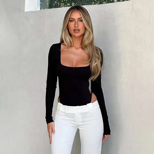 Bold Twist Long Sleeve Open-Back Bodysuit  Castello Clothing Line   