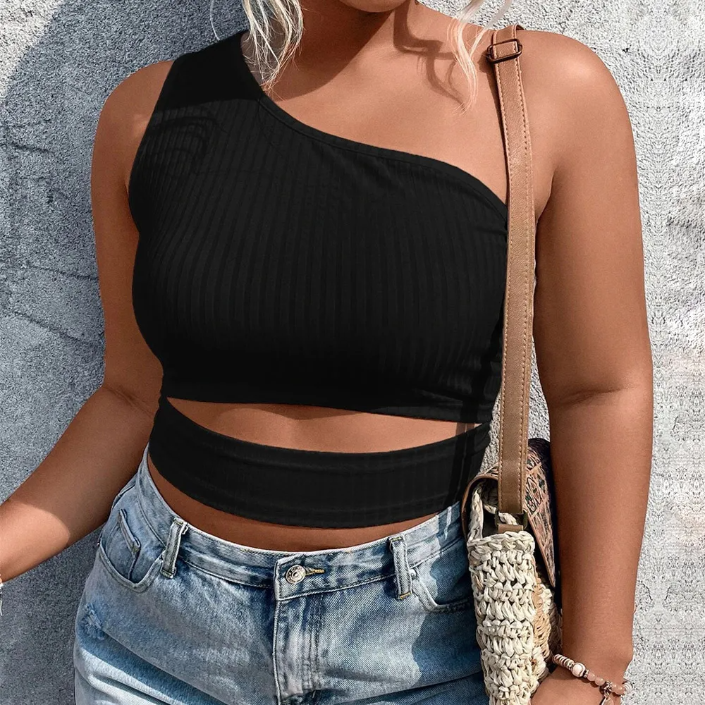 VivaCurve Ribbed One-Shoulder Cutout Crop Top  Castello Clothing Line   