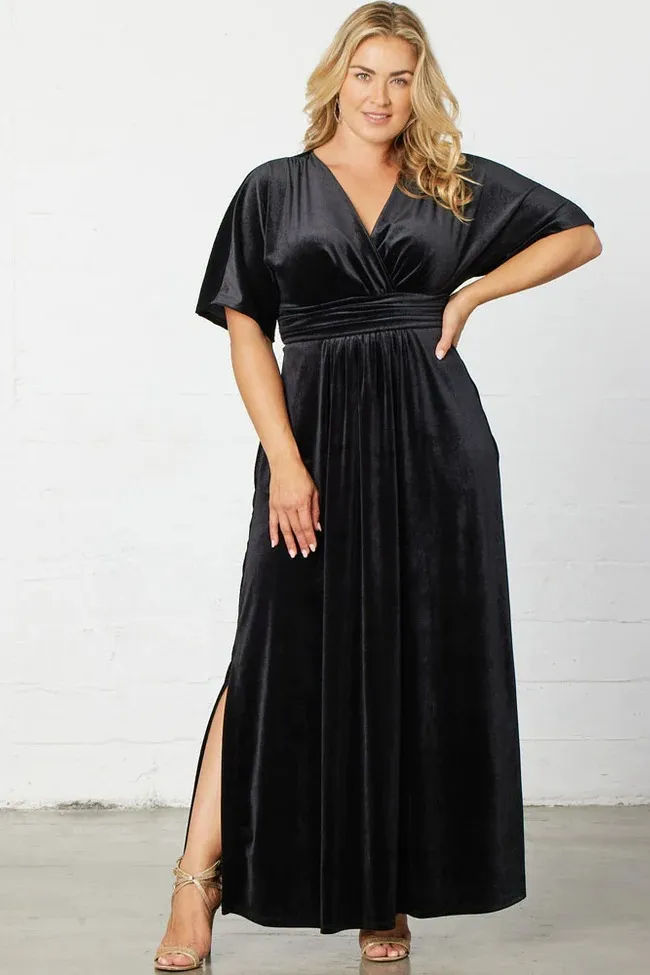 Gemina Velvet Wrap Flutter Sleeve Pocket Maxi Dress maxi dress Castello Clothing Line