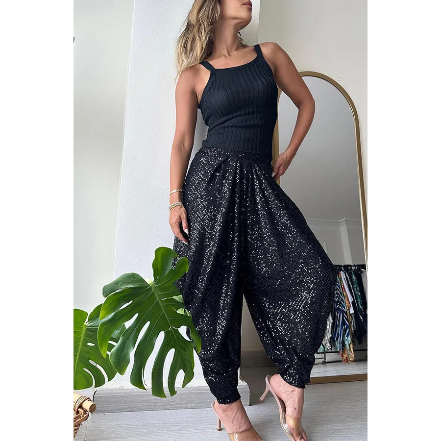 Lylah Sequin High-Waisted Draped Harem Pants Castello Clothing Line