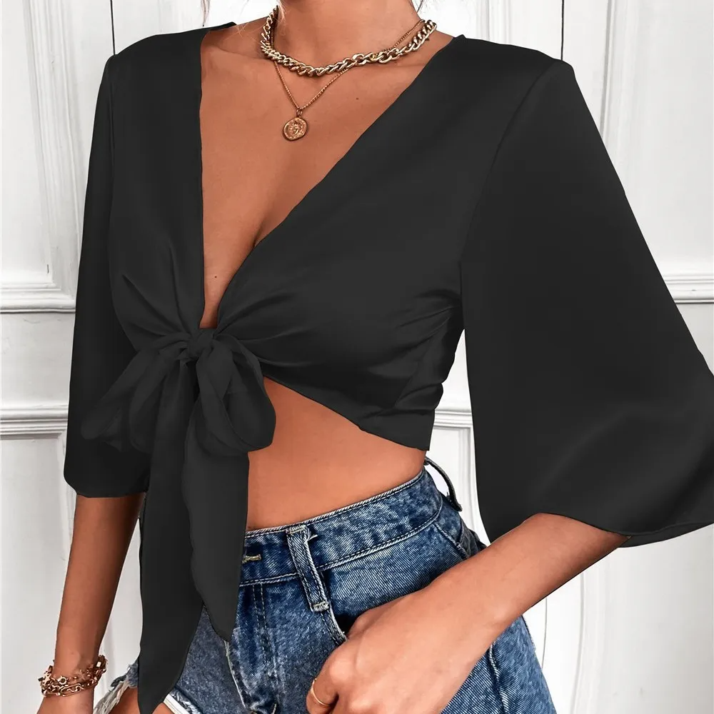 Vivid Temptation Satin Tie-Front Crop Top Castello Clothing Line