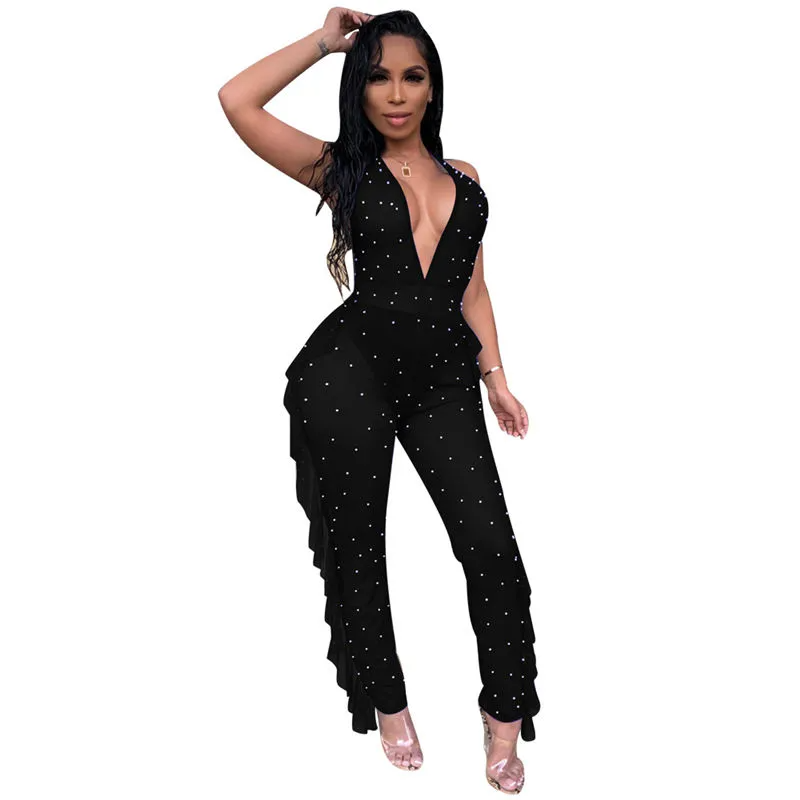 Tiffany Sheer Pearl Embellished Backless Halter Jumpsuit bodycon jumpsuit Castello Clothing Line