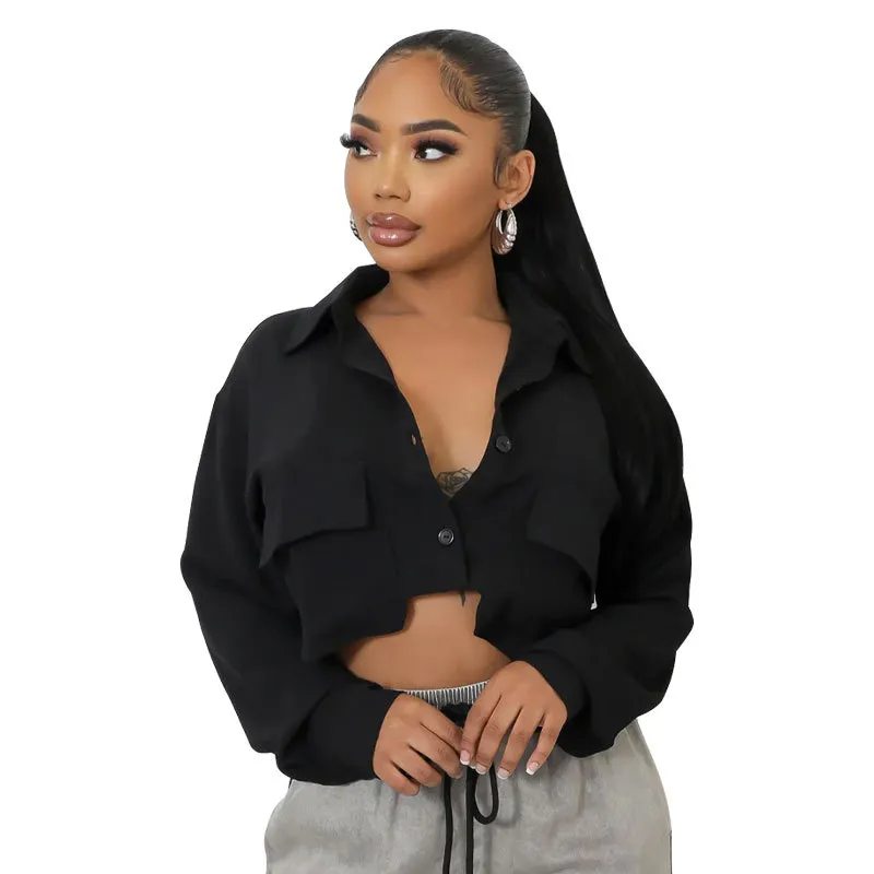 Game Changer Cropped Button-Up Long Sleeve Shirt Castello Clothing Line